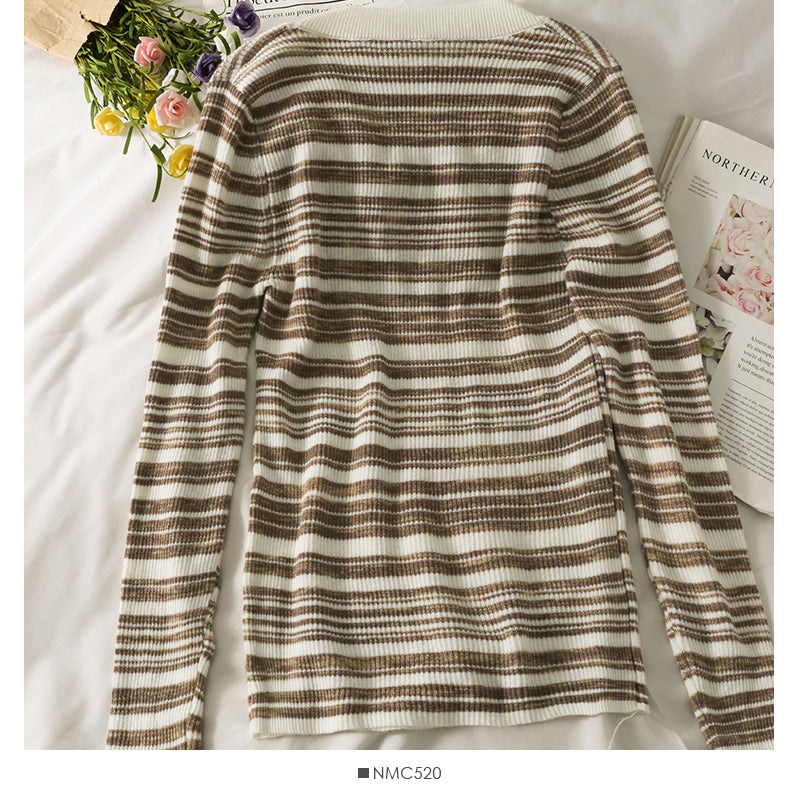 Han Fan retro stripe medium long tight long sleeve T-shirt 2068