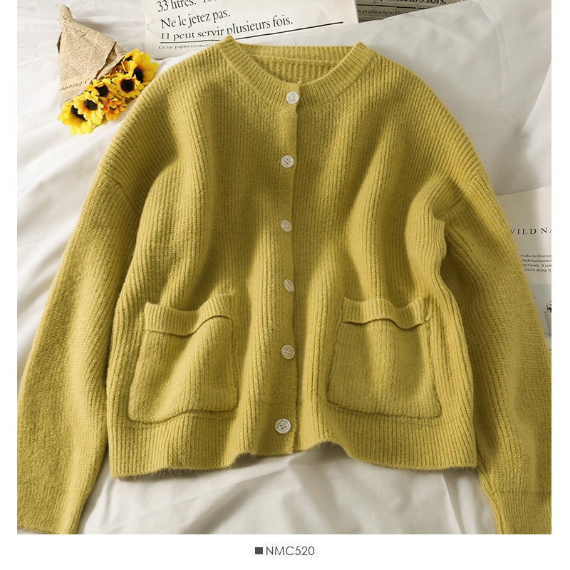 Pull cardigan à manches longues et col rond avec grande poche, pull ample et fin à poitrine 1978