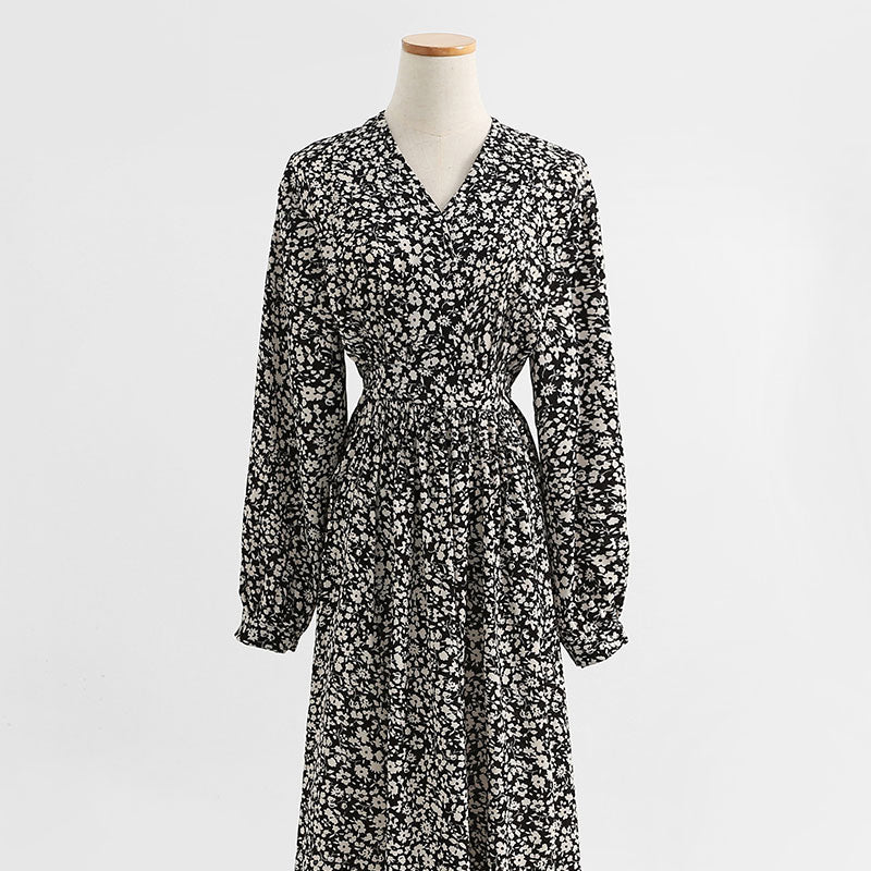 Floral dress retro slim long sleeve temperament black chiffon skirt long 2320