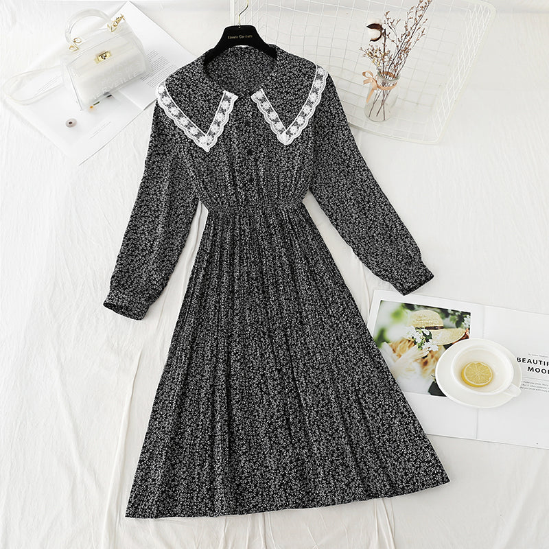 French tea break lace doll neck pleated fairy Chiffon Skirt 2262