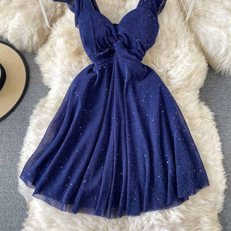 Sexy slim Sequin low cut V-neck A-line dress 2769