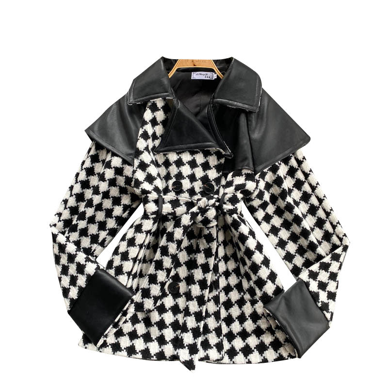 Diamond stitching contrast coat women's waist lace up design feeling high waist and thin 1487