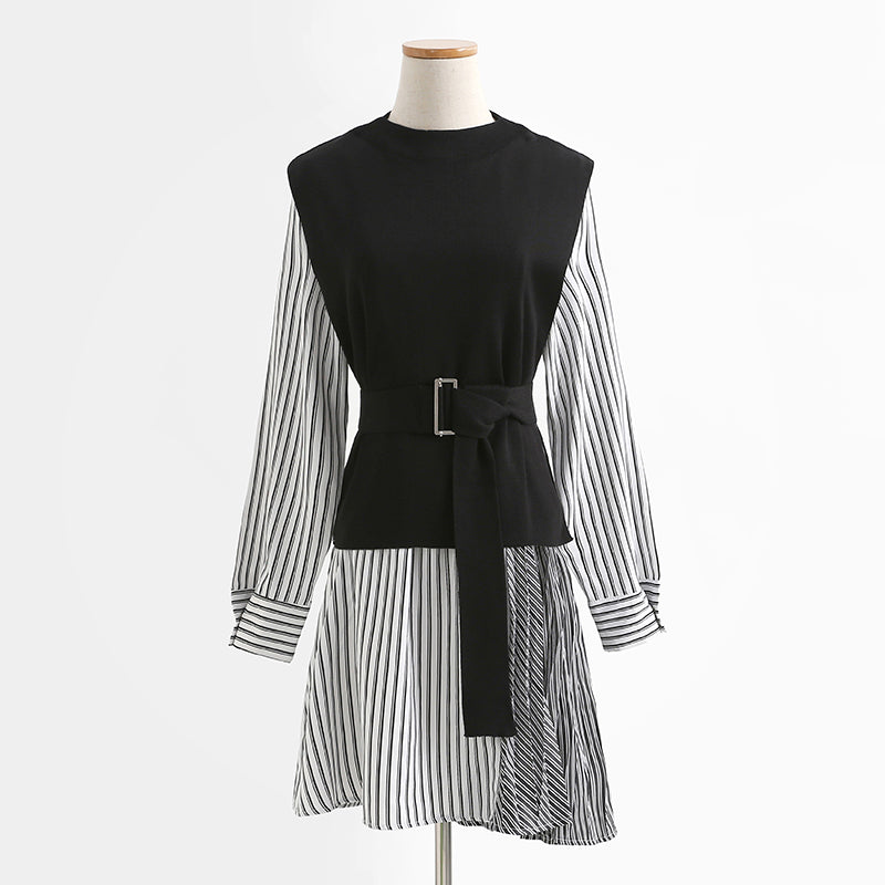 Temperament striped shirt knitted vest two-piece suit dress 2278