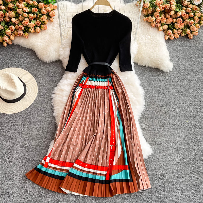 Stand neck knit patchwork contrast Pleated Dress 3355