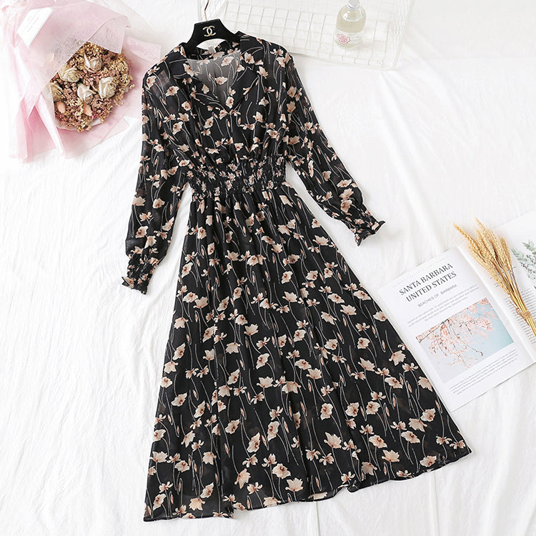 Suit collar French retro fairy super xiansen broken flower chiffon long skirt 2358