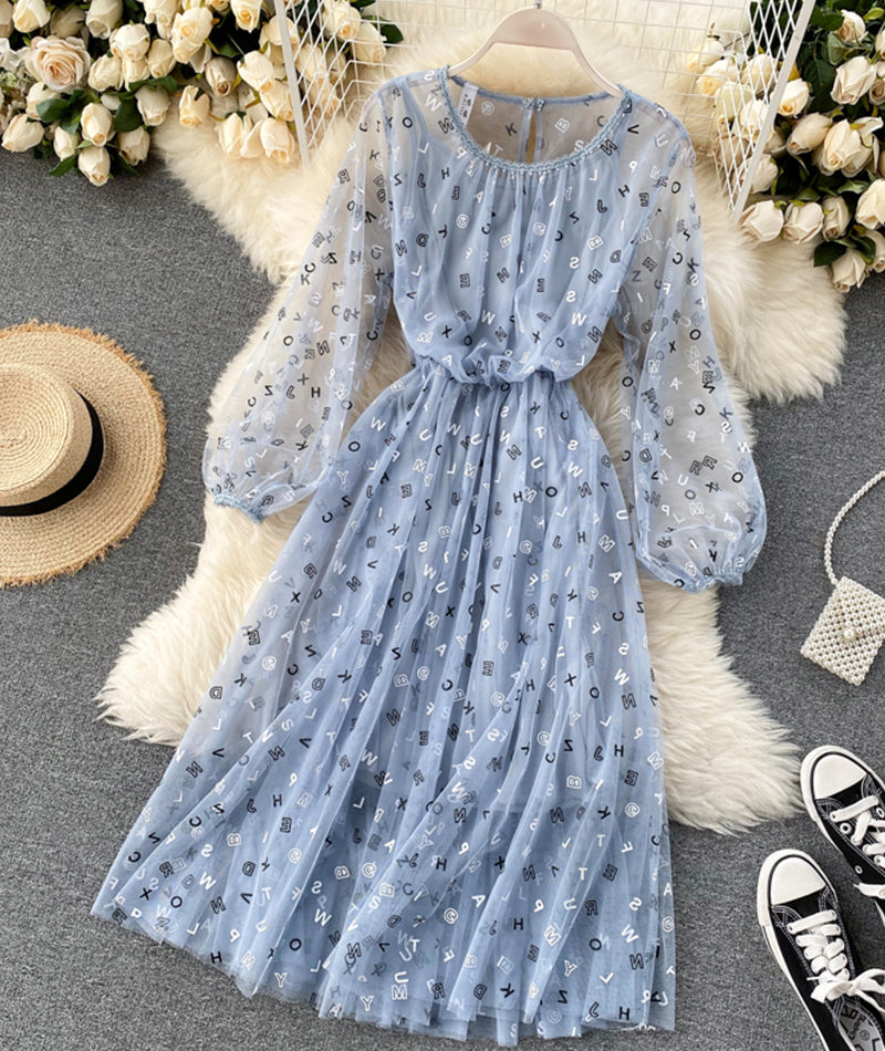 Süßes A-Linien-Buchstabenkleid mit langen Ärmeln, zweiteilige Sets 1316