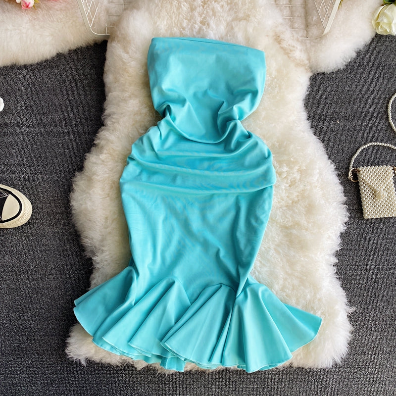 Sexy one shoulder strapless dress temperament close waist thin fishtail skirt 3290