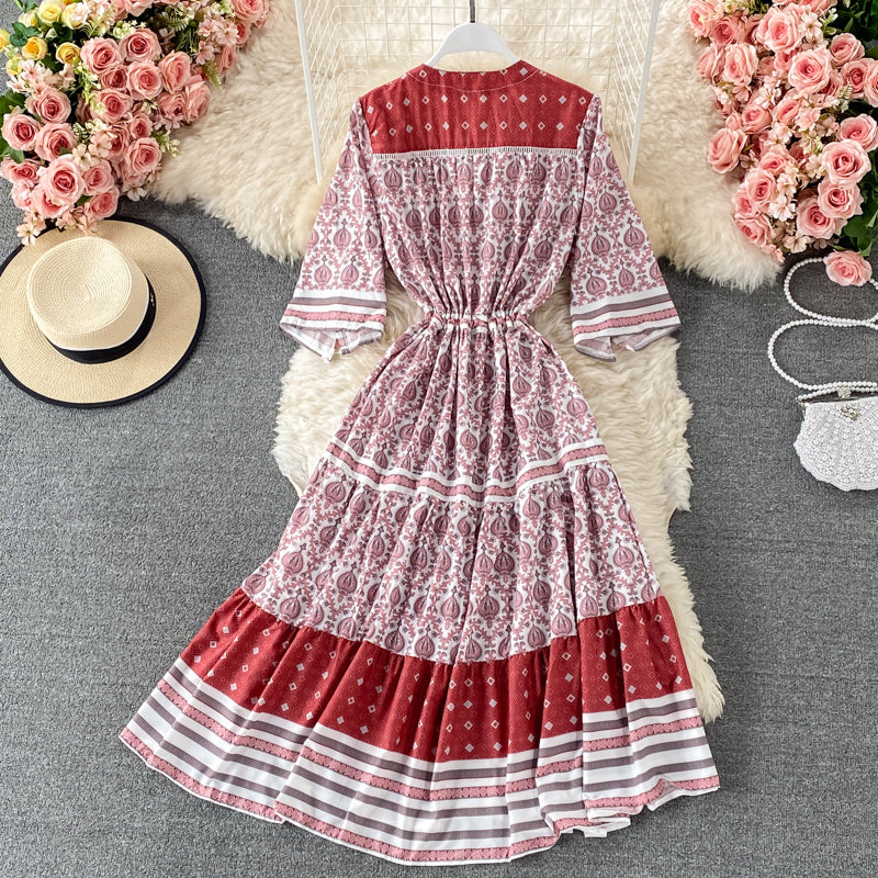 Single breasted V-neck dress large floral long skirt 2969