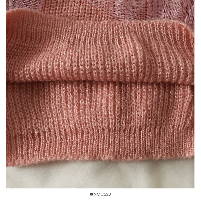 Mesh stitched Ruffle V-neck slim fit knit for women 1918