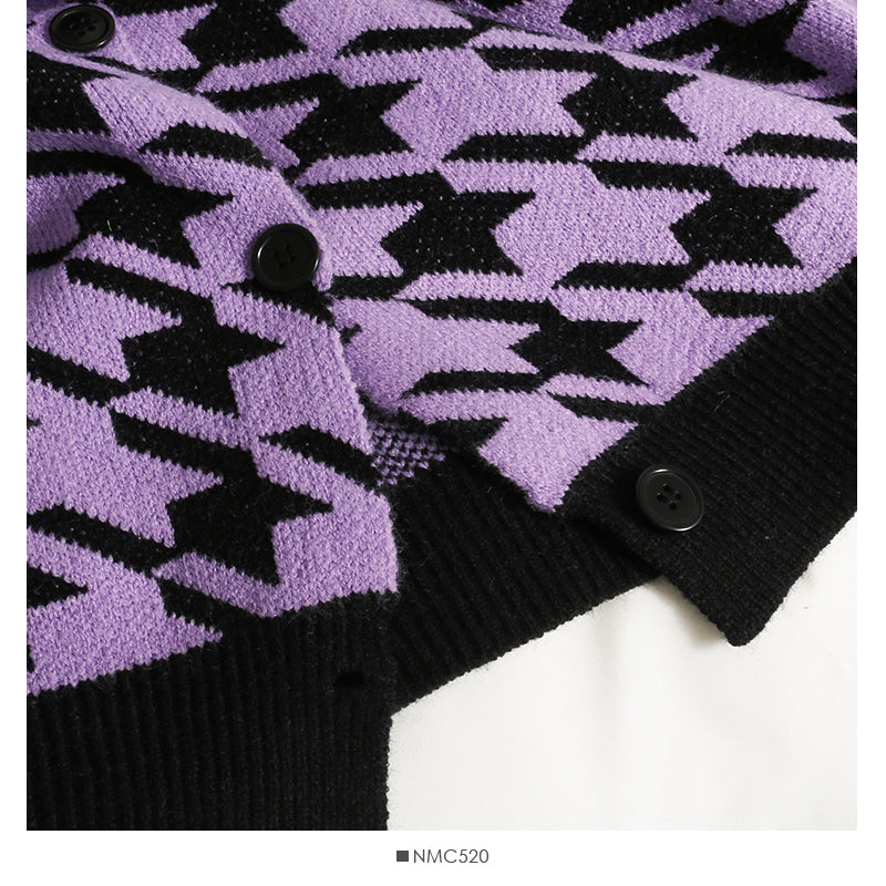 Color matching taro purple thousand bird check V-neck cardigan sweater 2032