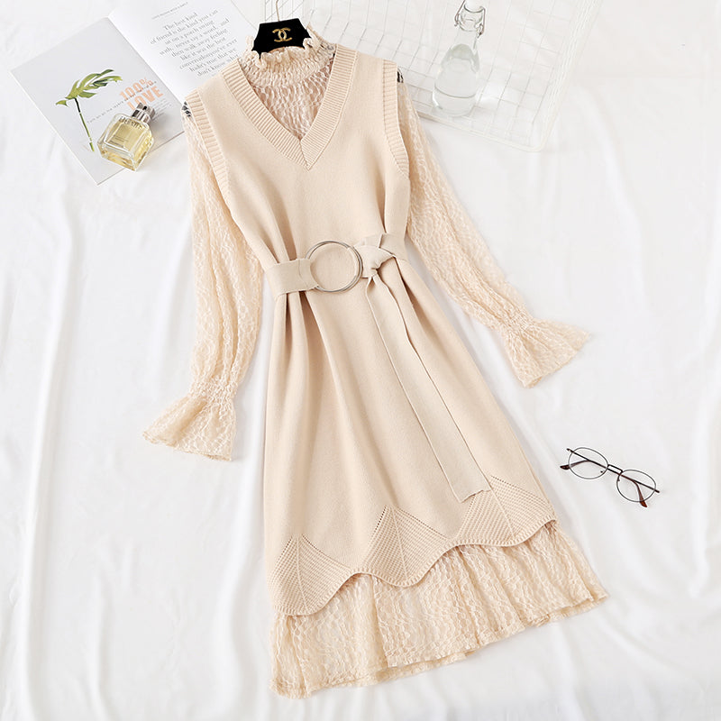 Ensemble de costume deux pièces en tricot avec gilet en dentelle pour femme 2473