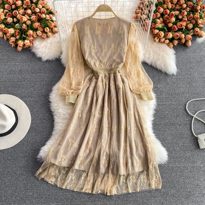 Lace mesh embroidery V-neck dress 2989