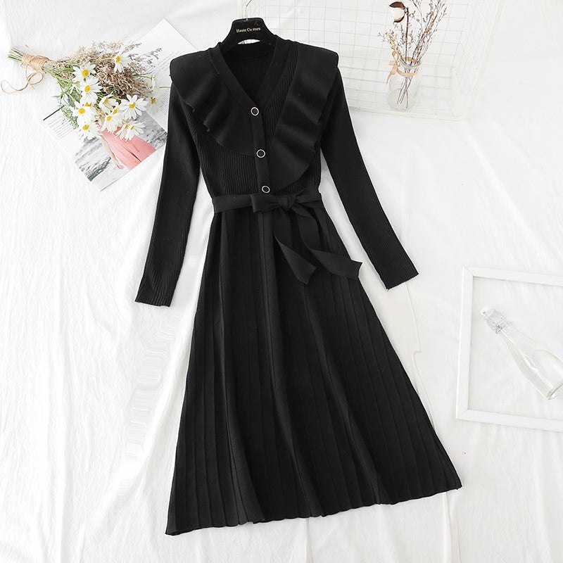 Ruffle lace up waist slim red dress 2184