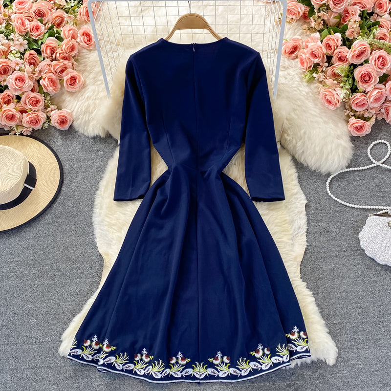 Temperament V-neck lace up skirt Ruffle embroidered dress 3250