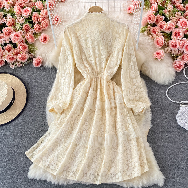 Medium length waist slim BOW LACE DRESS 3232