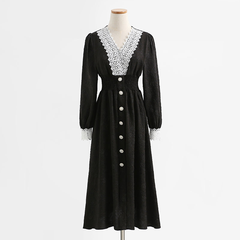 Dress long sleeve lace fairy skirt French V-neck 2283