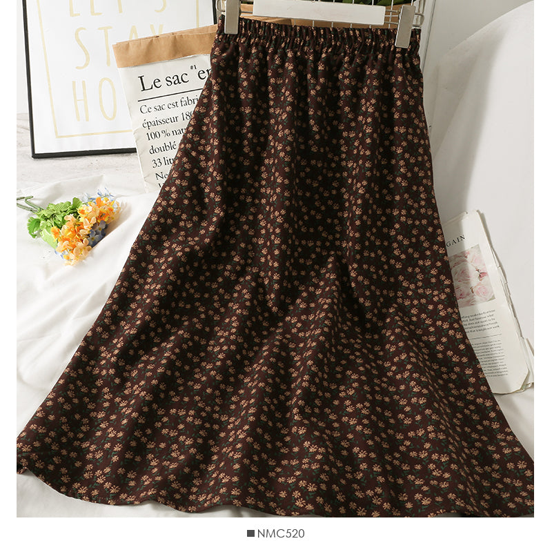Hong Kong Vintage printed elastic waist thin over knee A-line skirt 2623