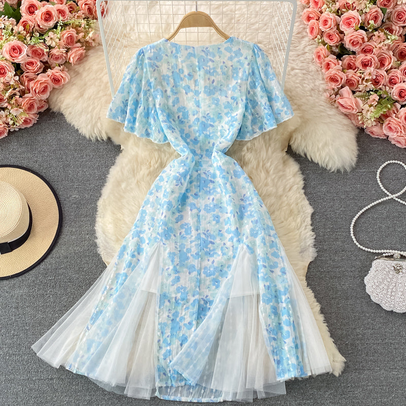Mesh stitched V-neck Chiffon Blue Floral A-line dress 3219