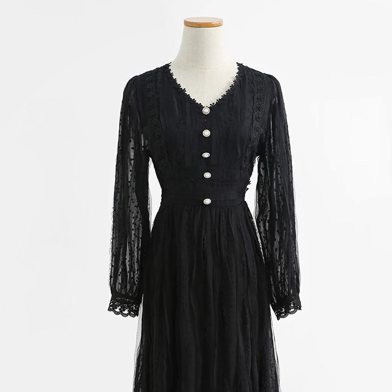 New women's skirt retro stitching lace fairy skirt temperament gentle dress 2247