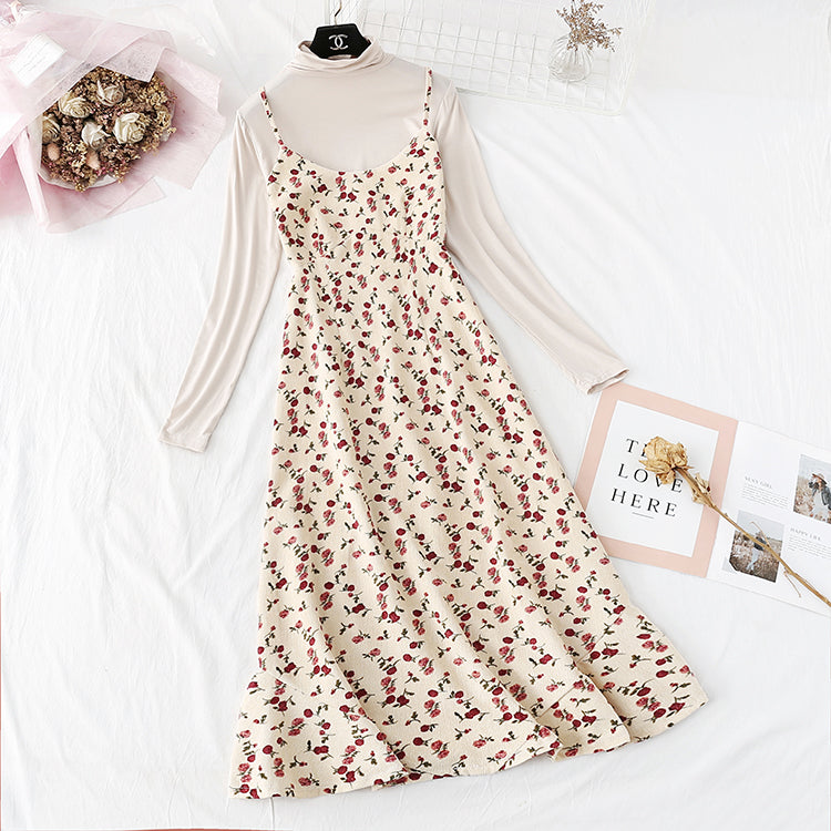 Two piece set of high necked bottom shirt + suspender floral skirt 2365