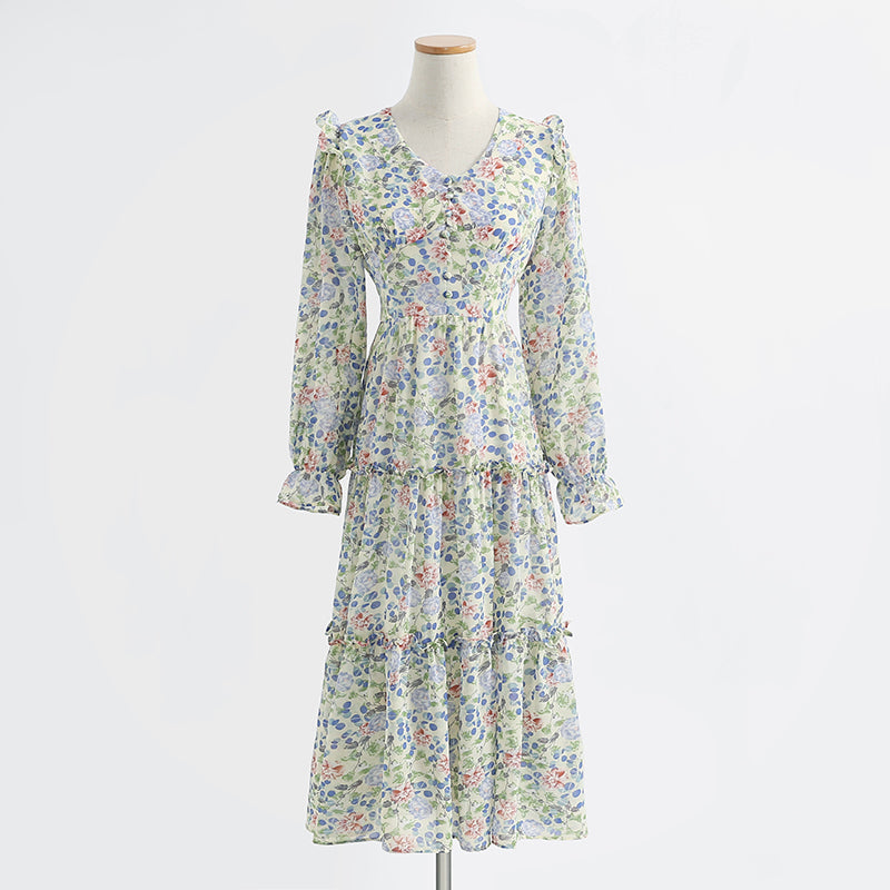 Gentle style, thin floral skirt, V-neck Chiffon Ruffle Skirt 2211