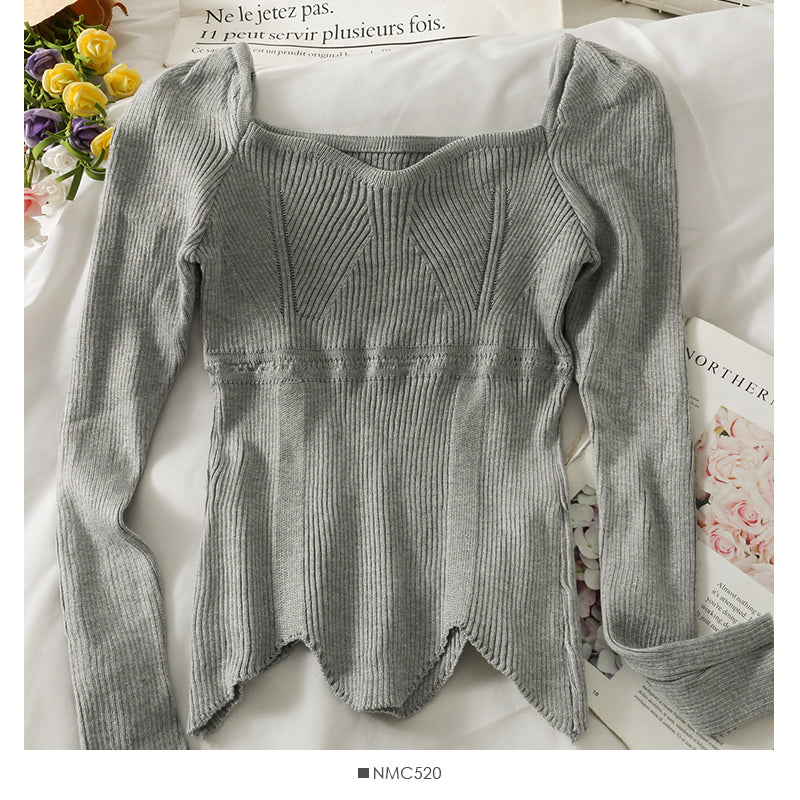 Irregular tight long sleeved foreign style sweater, women's straight shoulder exposed collarbone, versatile 1938