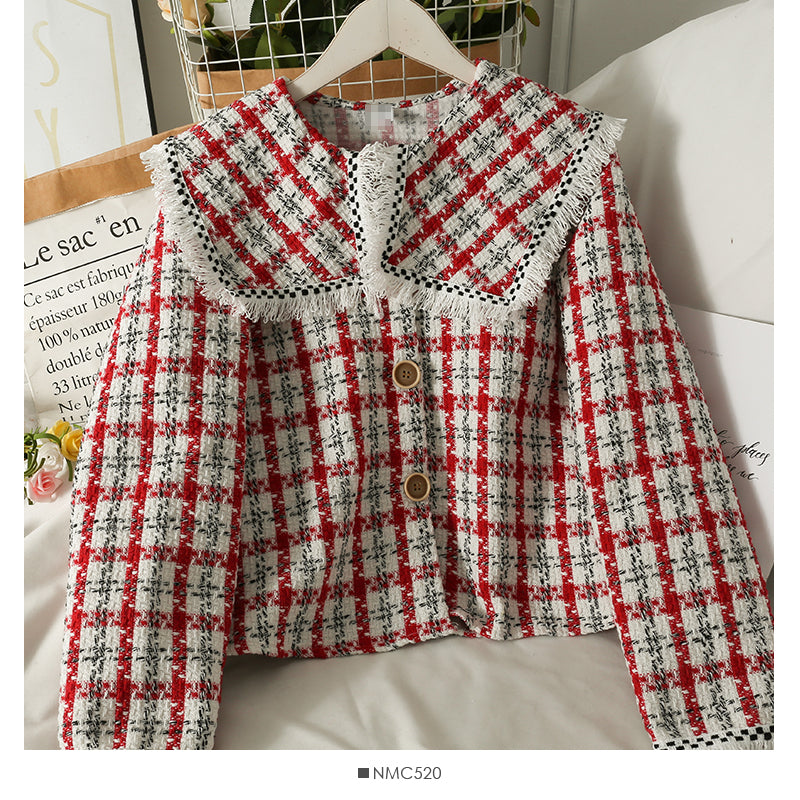 Hong Kong style retro tassels woolen baby collar tweed short shirt style coat women 2119
