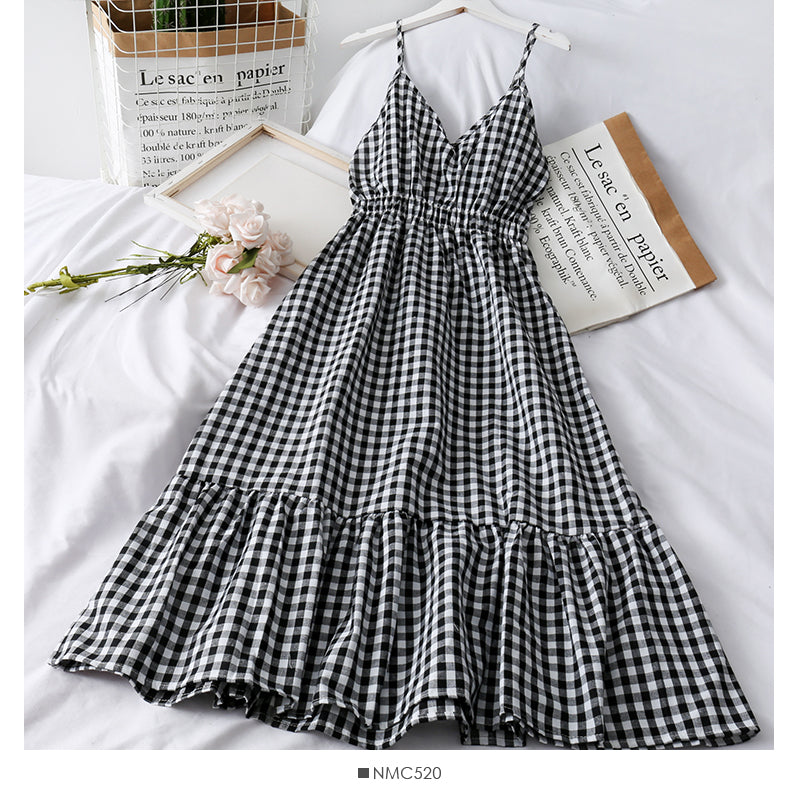 Plaid small Qingxin loose tight waist thin medium length dress 2682