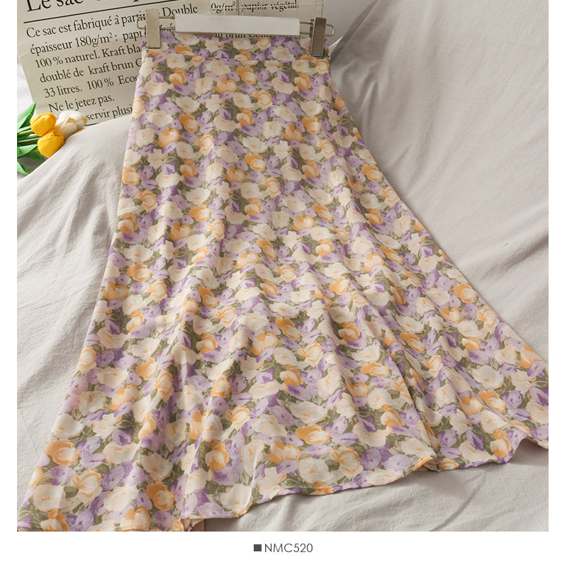 Super fairy floral medium length loose skirt 2569