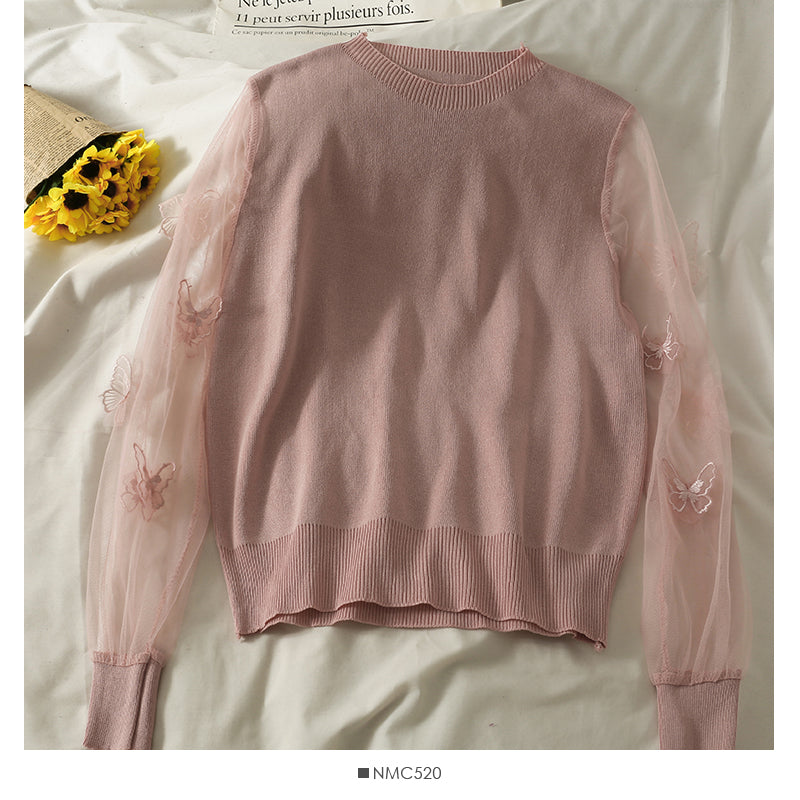 Pull à manches longues en maille cousue en trois dimensions avec motif papillon pour femme 2049