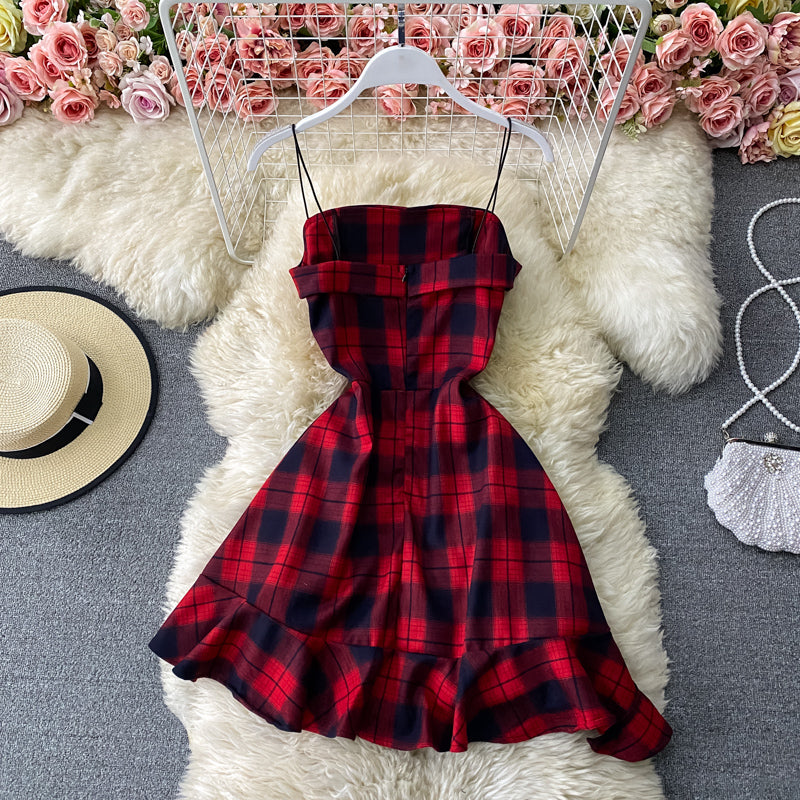 French first love Platycodon grandiflorum skirt dark Plaid waist 2886