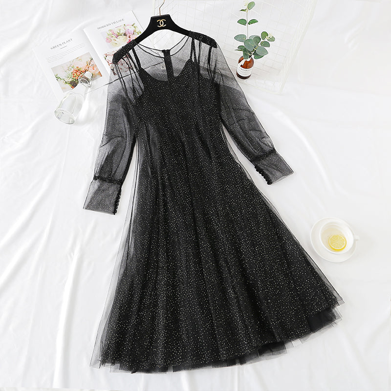 French minority retro doll skirt Sequin mesh dress 2470