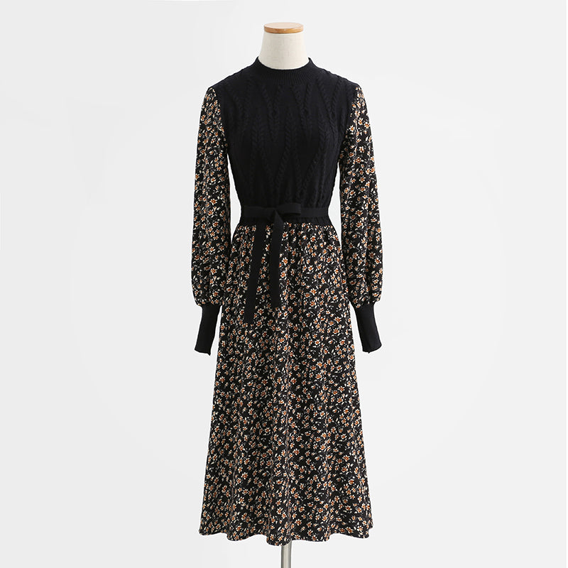 Robe fleurie à lacets, jupe en velours côtelé cousue, jupe longue en tricot fin 2339