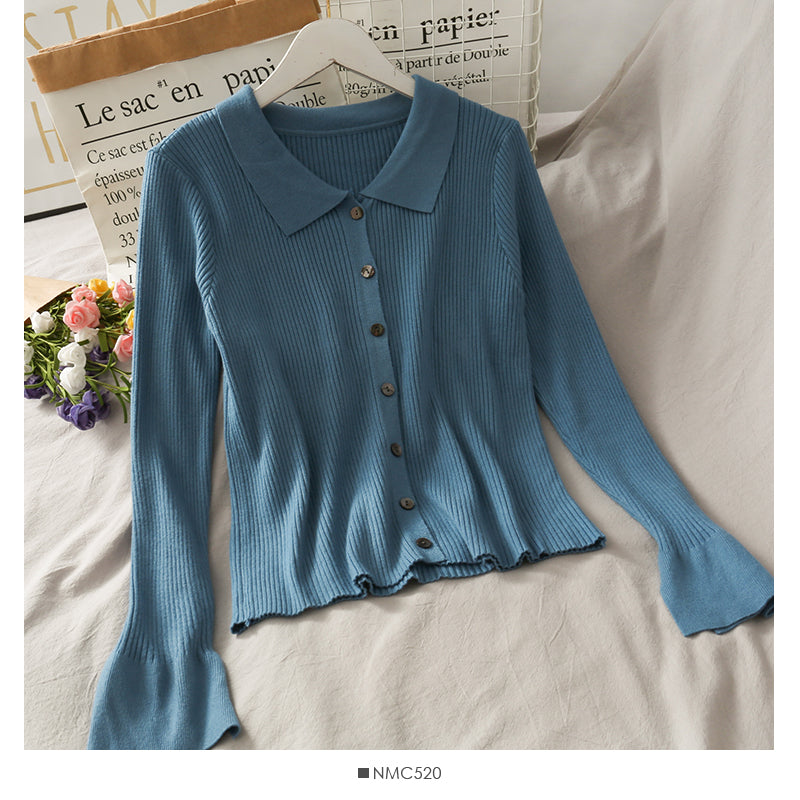 Lapel cardigan top female slim fit versatile sweater 1744