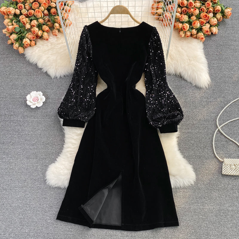 Medium length square neck velvet stitched Sequin bubble sleeve 3091