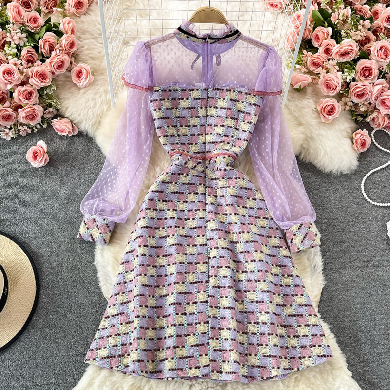 Collar ribbon Plaid embroidery lace dress 2912