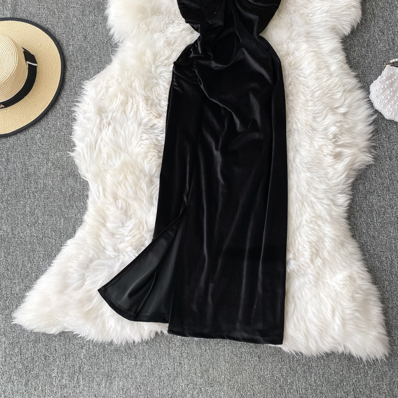 Vintage Hepburn velvet dress split Strapless suspender dress 3142