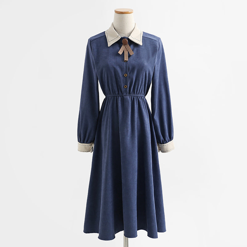 Long sleeved dress, academic style, thin temperament, knee length skirt, French long skirt, female 2159