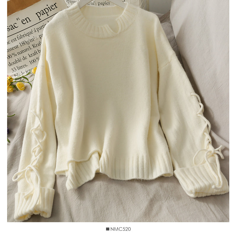 New drawstring lace up long sleeve loose Pullover Sweater 1709