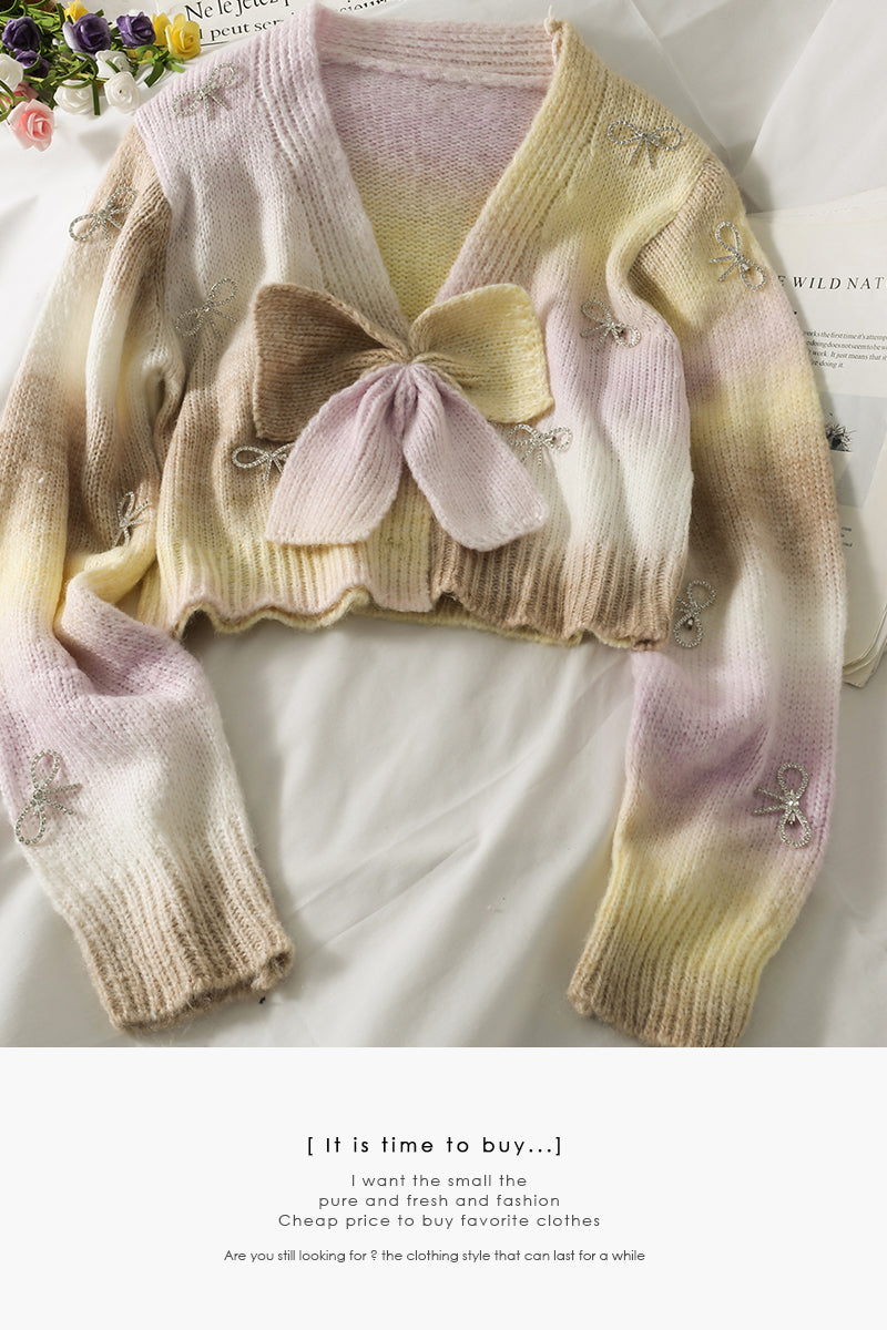Sweet wind gradient color matching bow contrast short sweater 1783