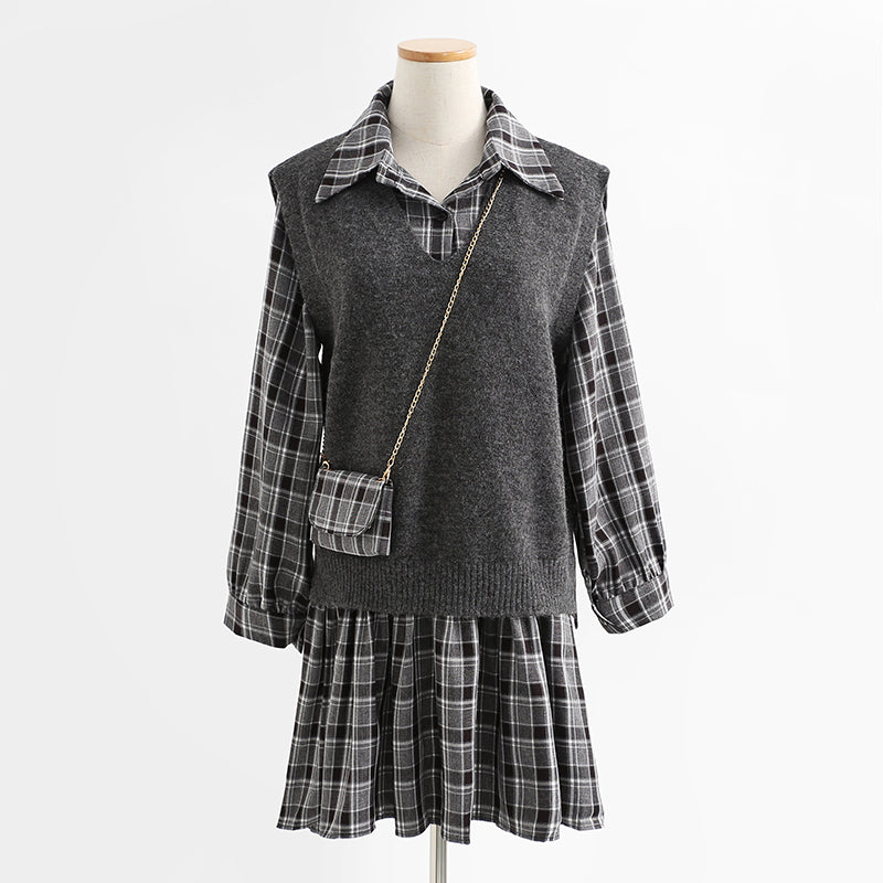 Nouveau gilet ROBE À MANCHES LONGUES Jupe de costume deux pièces à carreaux à la mode rajeunissante 2176