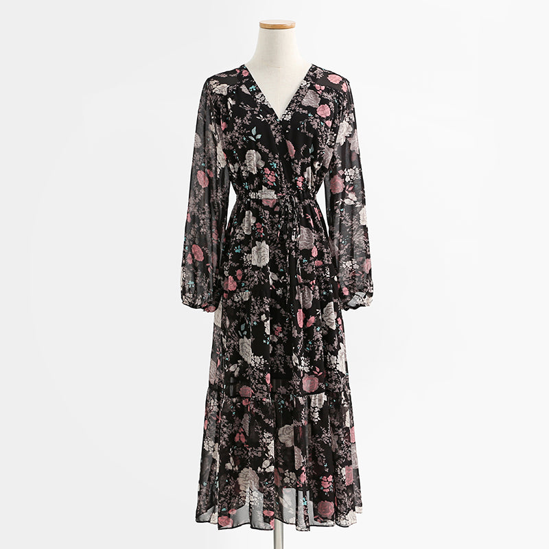 Dress shows thin temperament long skirt Retro Black Chiffon gentle skirt 2256