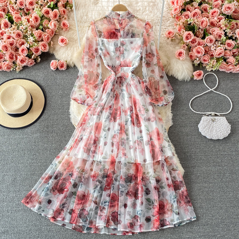 Slim high waist Floral Chiffon Dress 2988