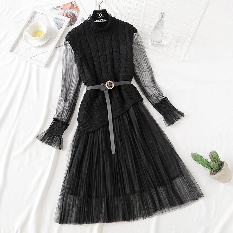 French minority sweater vest suit knee length gauze skirt 2476