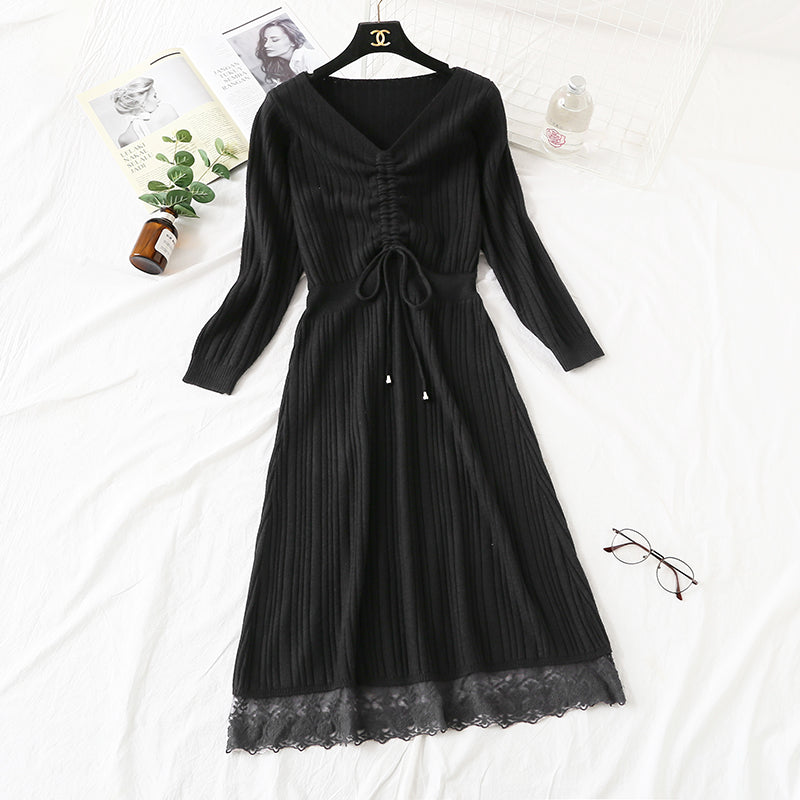 New knitted dress long sleeve lace up pleated Lace Panel bottomed skirt 2454