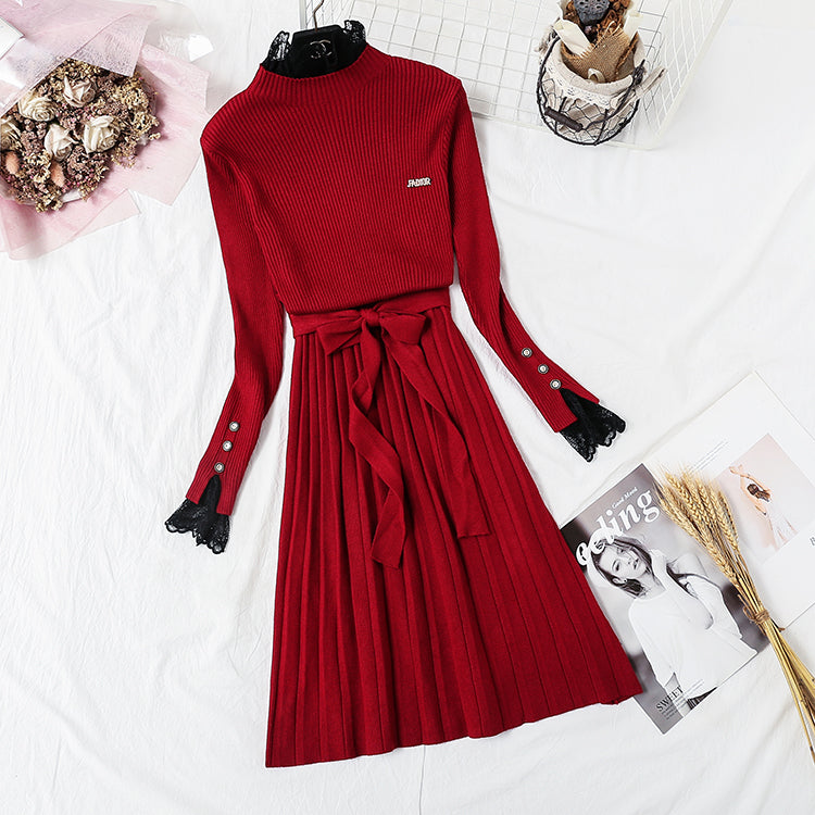 New French retro backing slim lace neck sweater skirt 2362