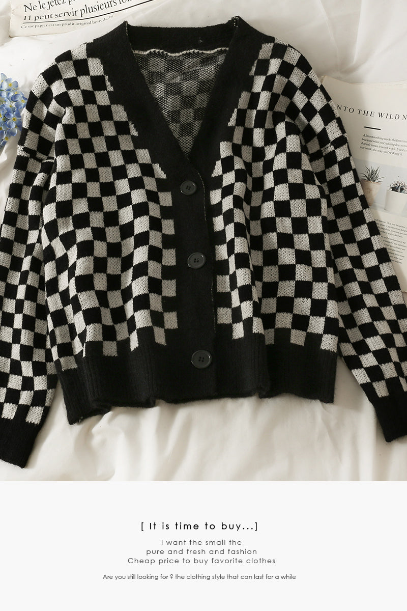 Single breasted cardigan plaid sweater women's sweater 1789