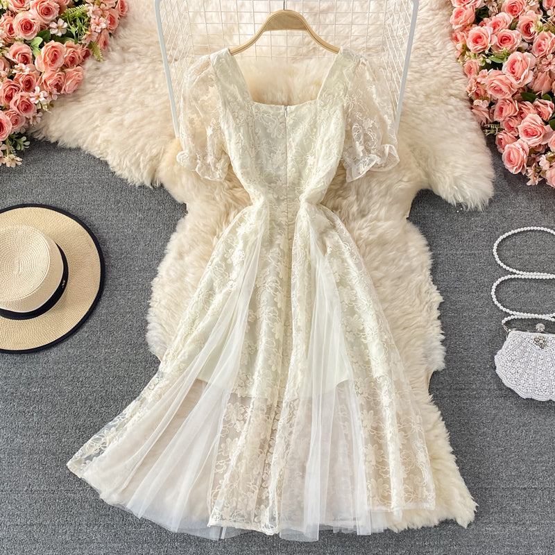 Temperament mesh stitched fairy skirt bubble sleeve dress 3332