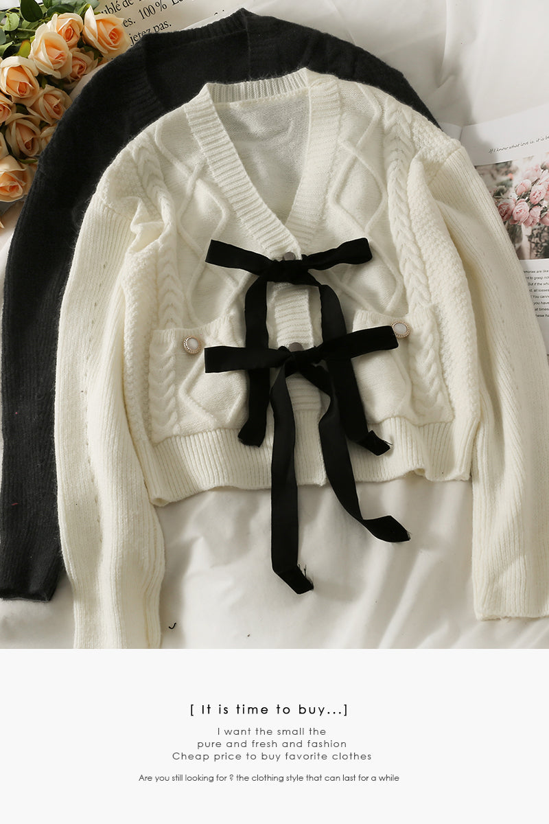 Bow tie short single breasted Plaid cardigan sweater 1780