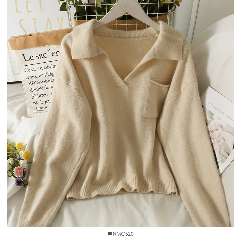 Sweet wind candy color Lapel slim fit Pullover knit 1848